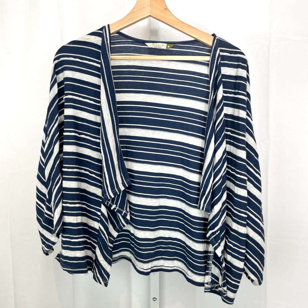 CHALET Size M Striped Open Front Cardigan Top Dolman 3/4 Sleeve Blue White